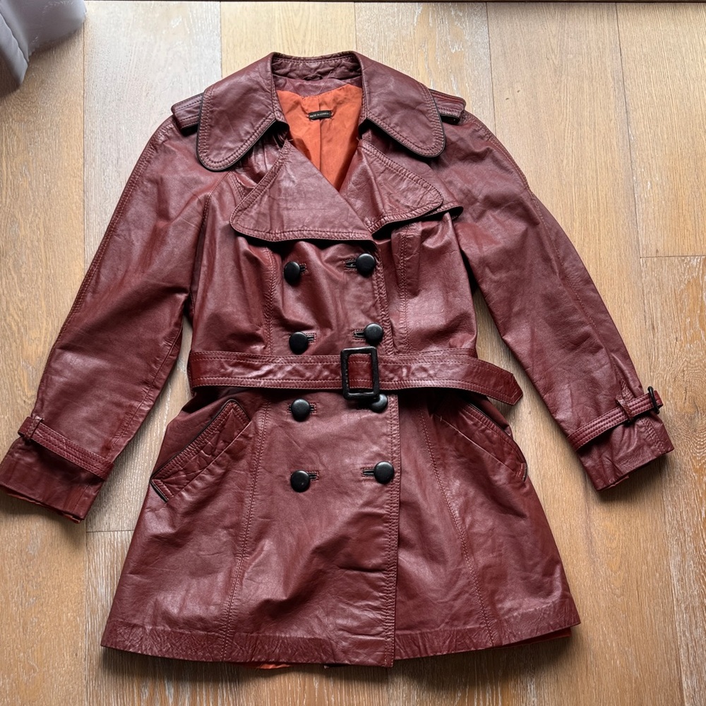 Vintage Sears Leather Belted Trench Coat Burgundy Double Breasted